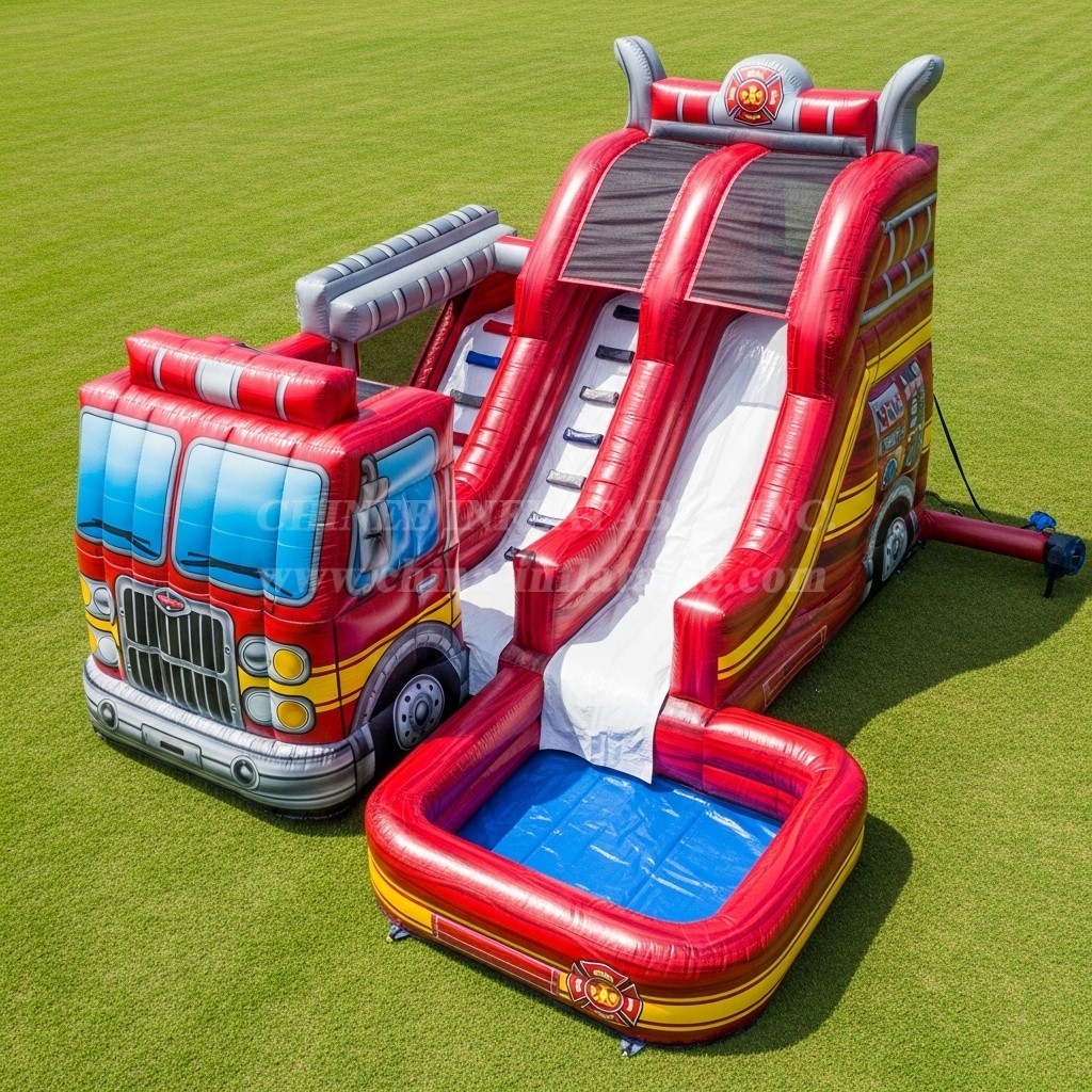 T8-5590 Firetruck Theme Inflatable Water Slide